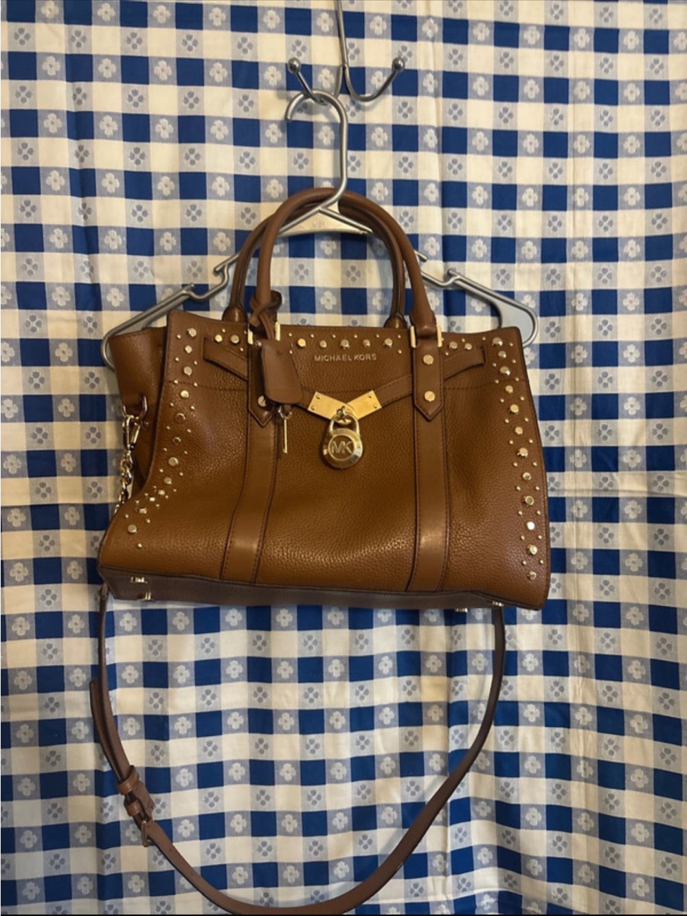Michael Kors Brown Leather Studded Shoulder Satchel with Gold Hardware